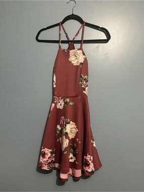 Trac - Floral Strappy Burgundy Fit-and-Flare Dress -